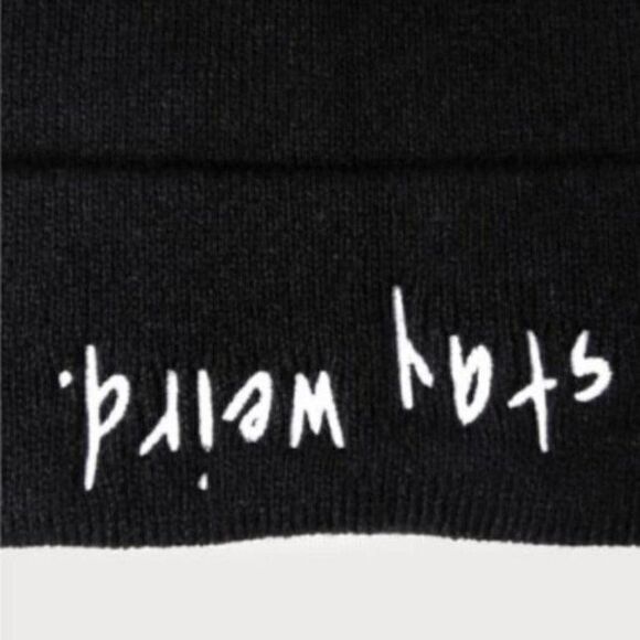 "Stay Weird" Black Cuffed Knit Beanie Hat - Picture 4 of 7